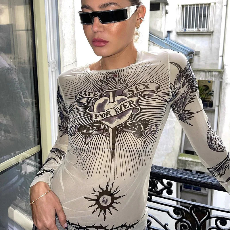 Y2K Gothic Mesh Full-Sleeve Graphic Tee