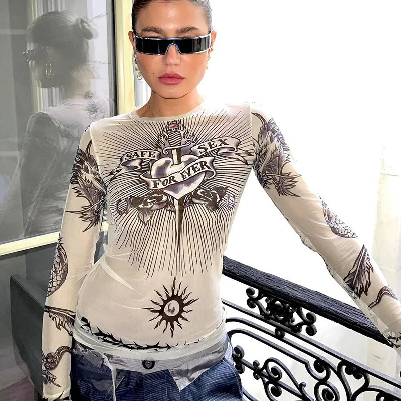 Y2K Gothic Mesh Full-Sleeve Graphic Tee