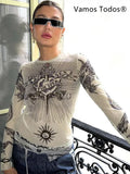 Y2K Gothic Mesh Full-Sleeve Graphic Tee