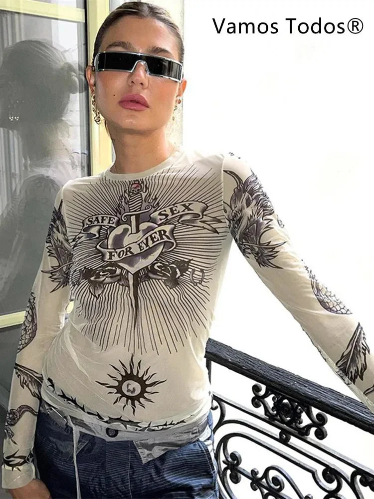 Y2K Gothic Mesh Full-Sleeve Graphic Tee
