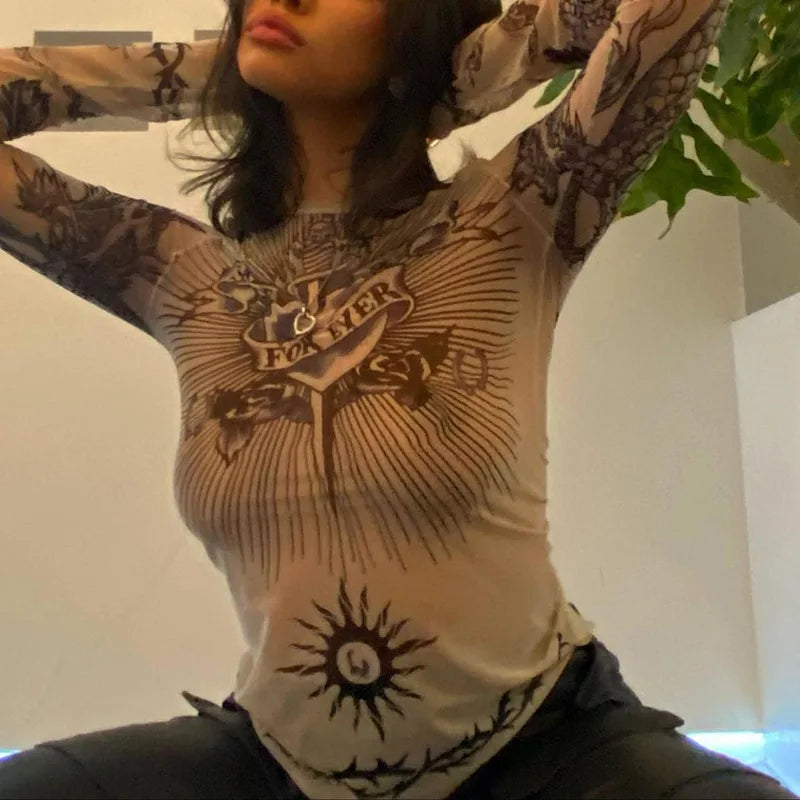 Y2K Gothic Mesh Full-Sleeve Graphic Tee