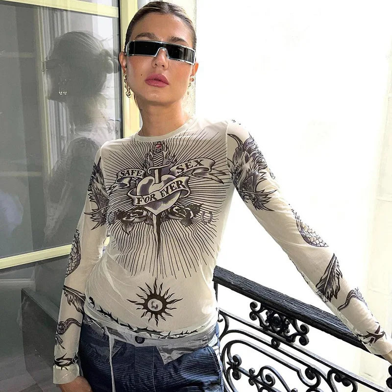Y2K Gothic Mesh Full-Sleeve Graphic Tee