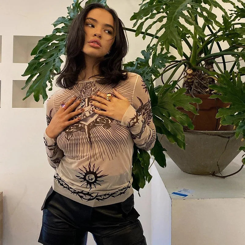 Y2K Gothic Mesh Full-Sleeve Graphic Tee