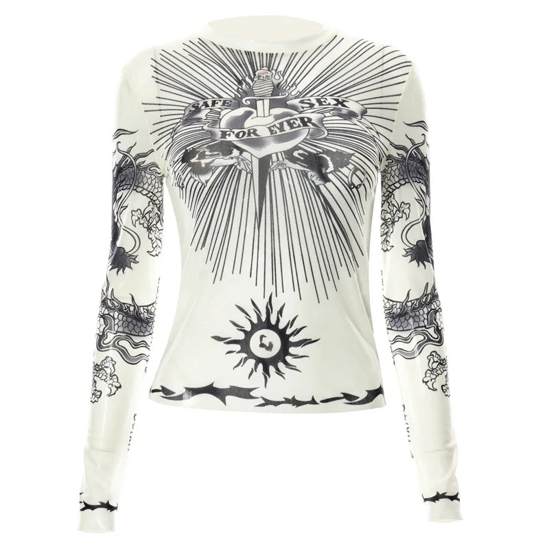 Y2K Gothic Mesh Full-Sleeve Graphic Tee