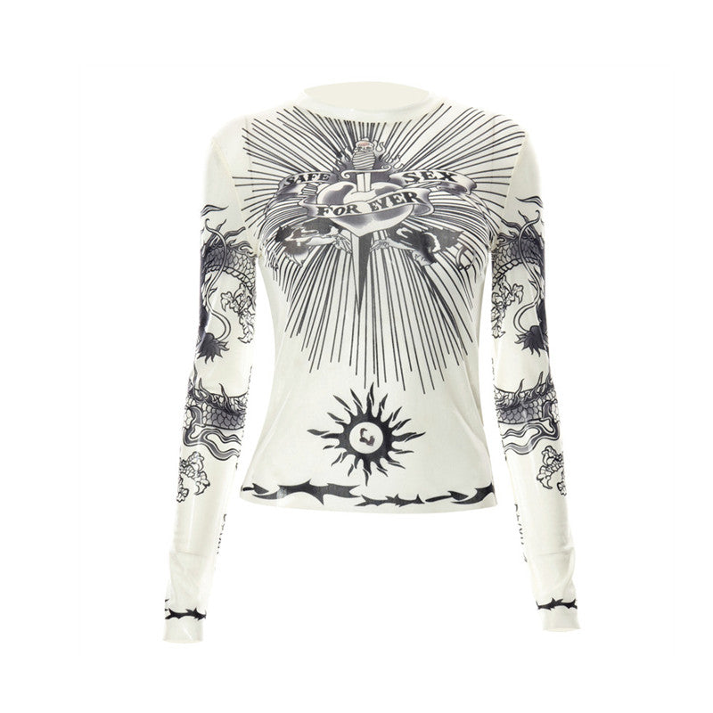 Y2K Gothic Mesh Full-Sleeve Graphic Tee