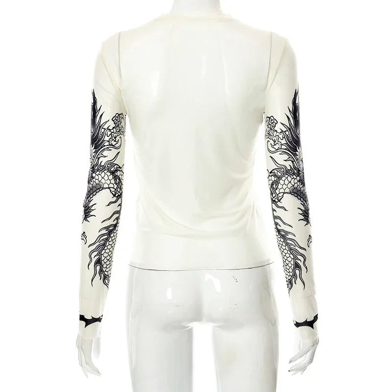 Y2K Gothic Mesh Full-Sleeve Graphic Tee