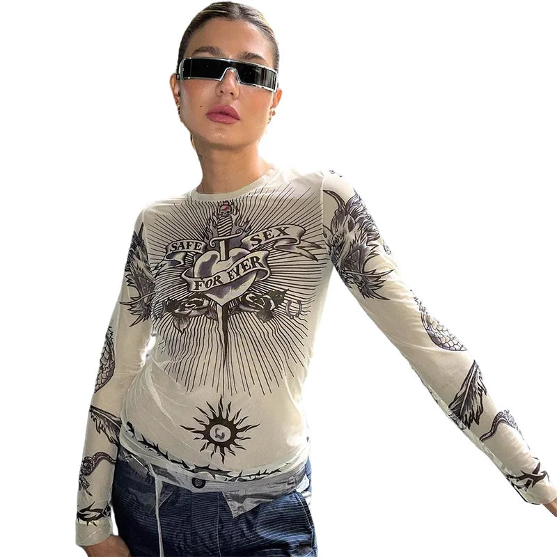 Y2K Gothic Mesh Full-Sleeve Graphic Tee