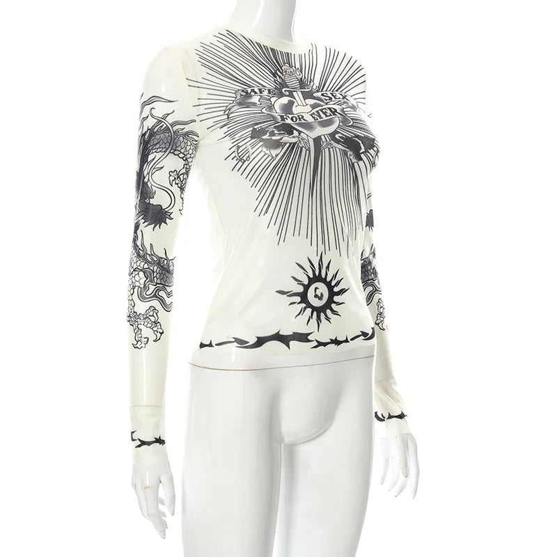 Y2K Gothic Mesh Full-Sleeve Graphic Tee
