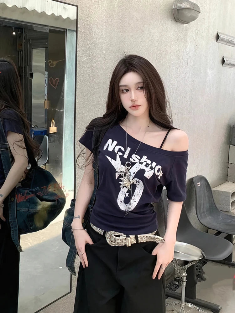 Retro Slash Neck Short Sleeve T-Shirt