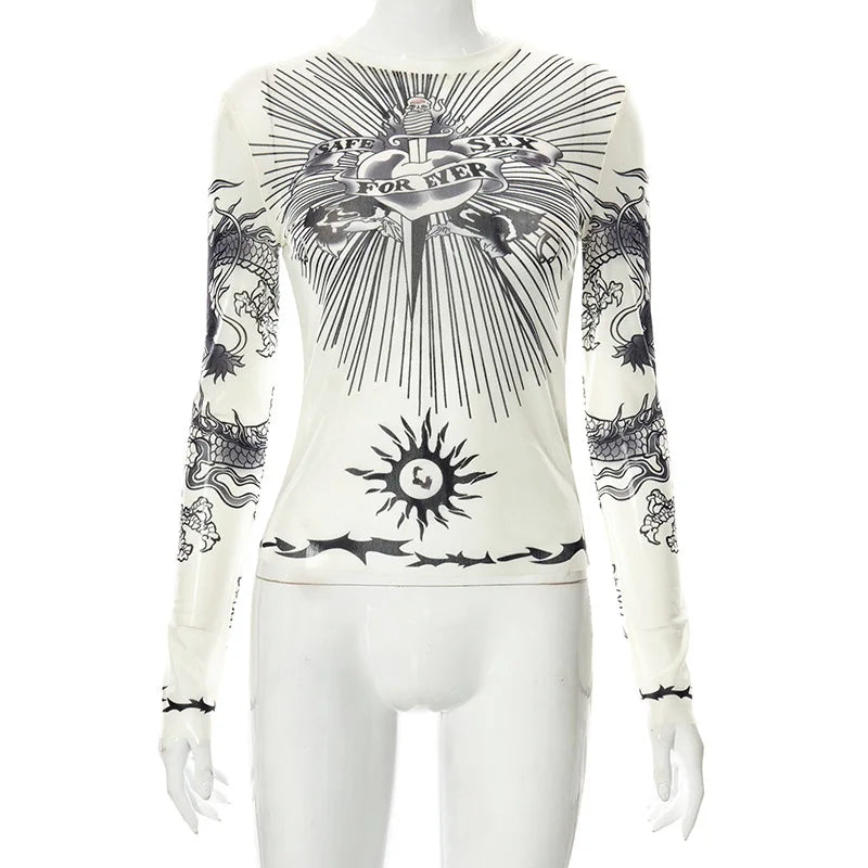 Y2K Gothic Mesh Full-Sleeve Graphic Tee