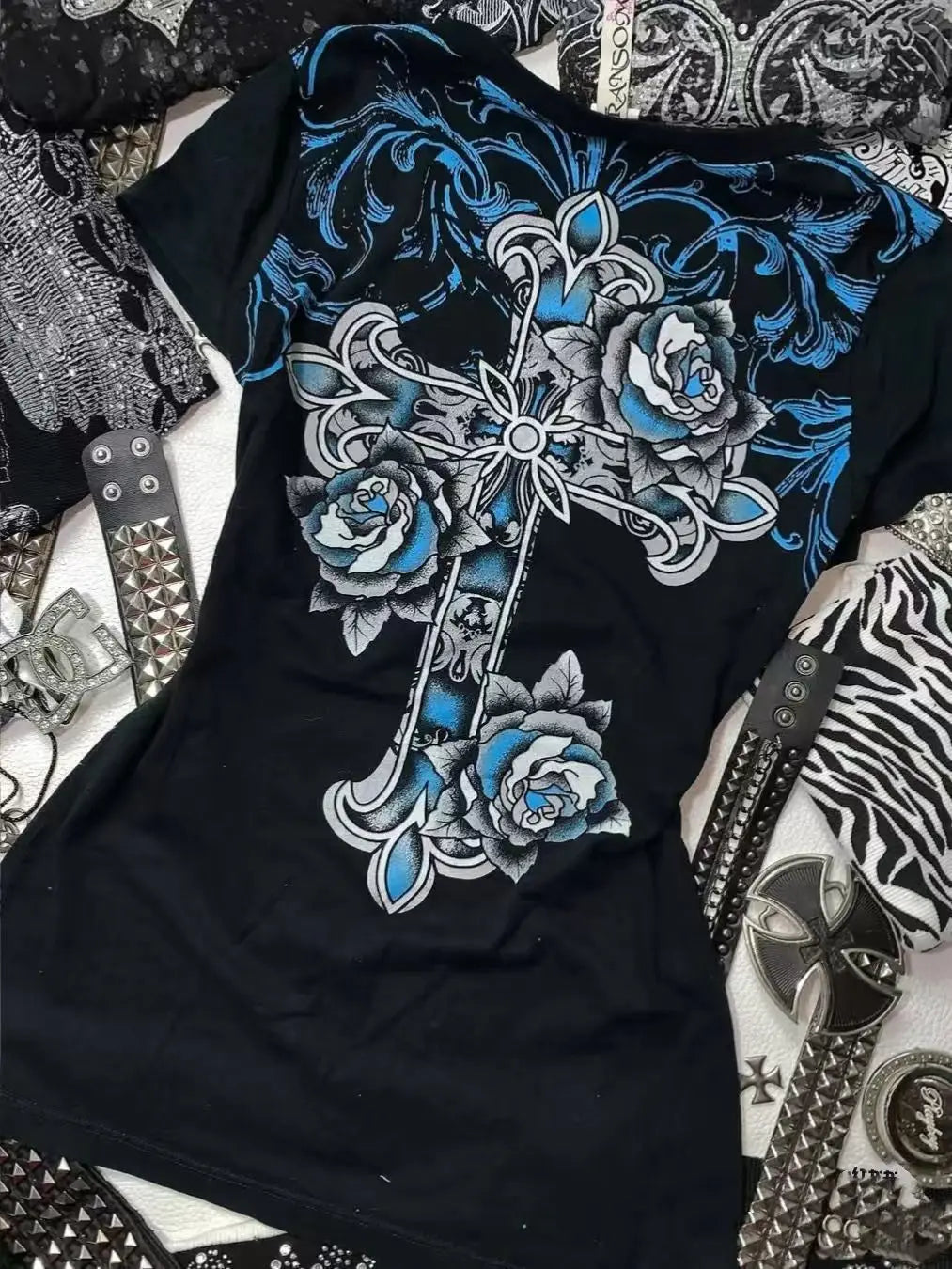 Y2K Gyaru Letter Cross Graphic Tee