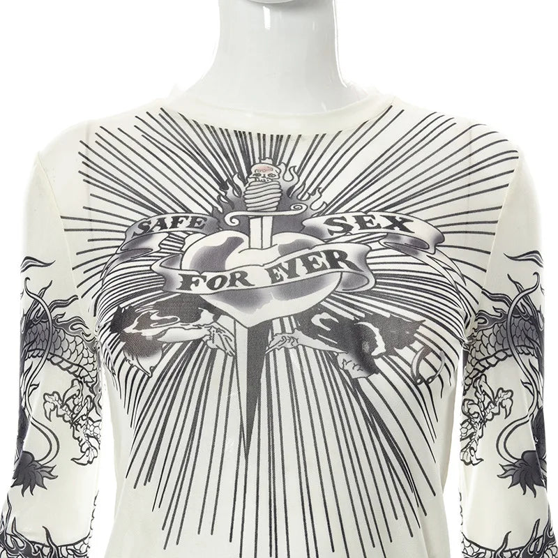 Y2K Gothic Mesh Full-Sleeve Graphic Tee